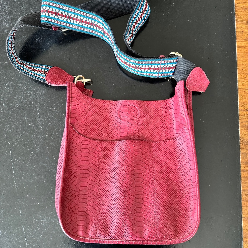 Vegan Leather Tote Red Cross Body Adjustable Embroidery Strap